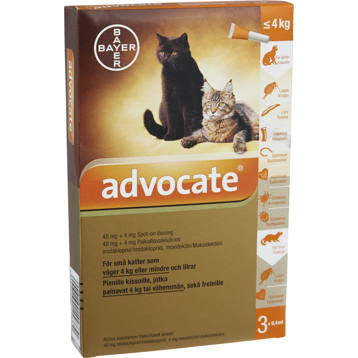 Advocate® för små katter och illrar Spot-on, lösning 40mg/4mg Dospipett, 3st (0,4ml)