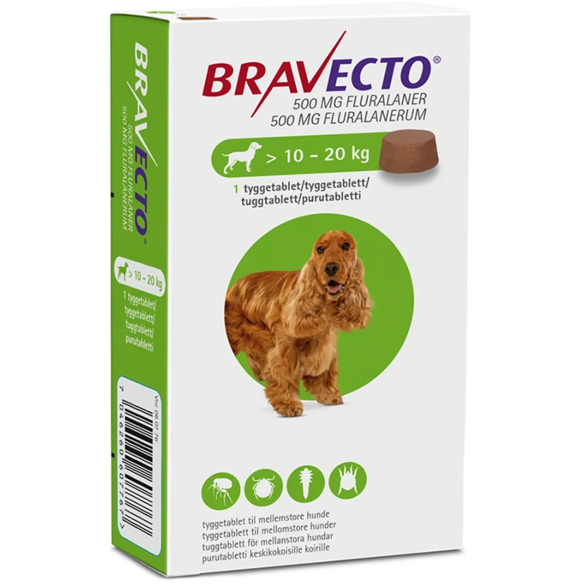 Bravecto för mellanstora hundar (>10-20 kg) Tuggtablett 500mg Blister, 1tablett