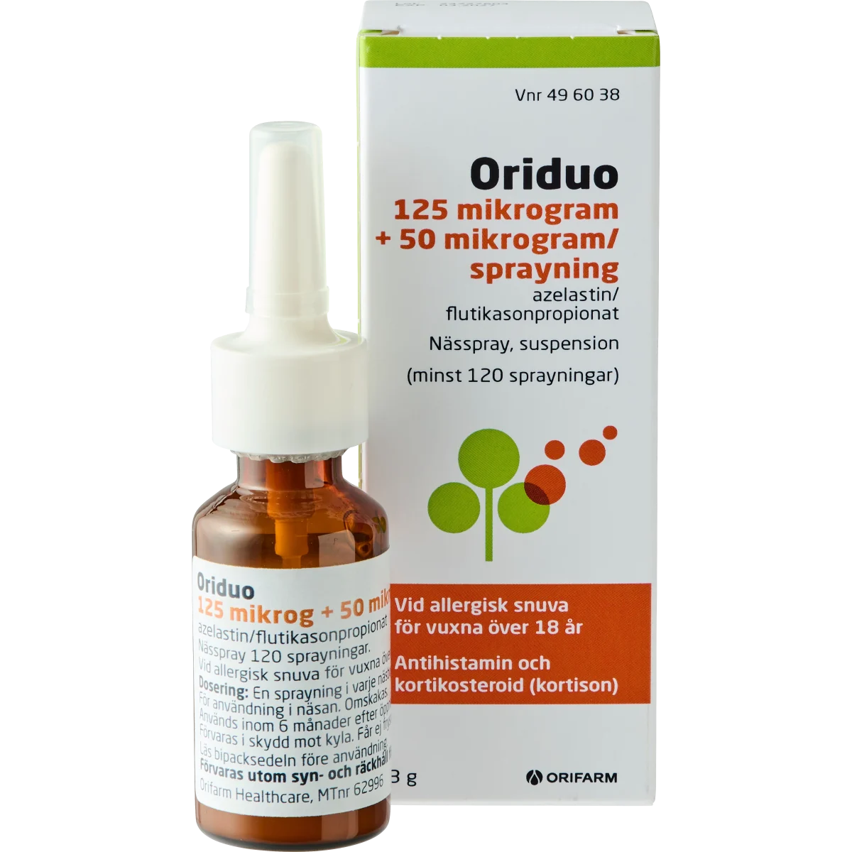 Oriduo nässpray, 125mikrogram+50mikrogram/sprayning, 120sprayningar