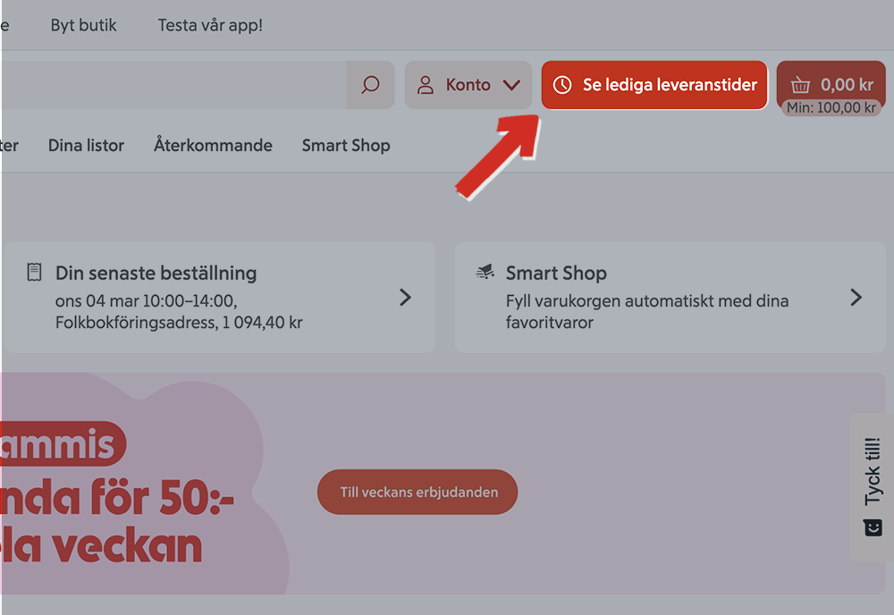 Knappen Se lediga leveranstider i ICA:s e-handel