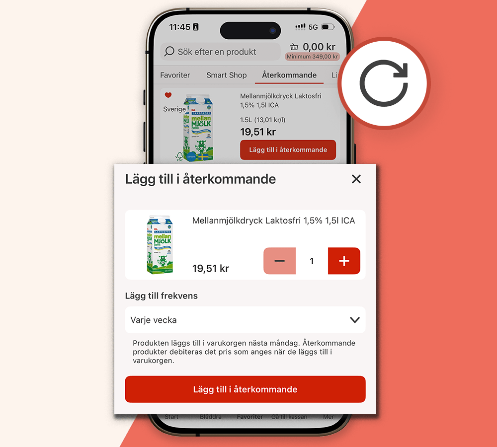 Skärmbild av återkommande varor i appen