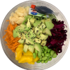 En skål med Poke bowl Vegan, bönor, mango, morötter, gurka (strimlad)