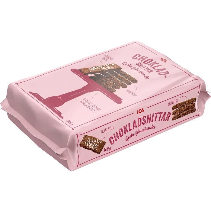 Bild på en rosa förpackning. På förpackningen syns bilder på kakor i chokladfärg.