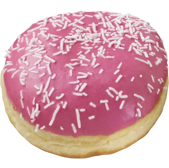 Närbild på en hallonmunk. Färg rosa. Klädd med vit strössel.