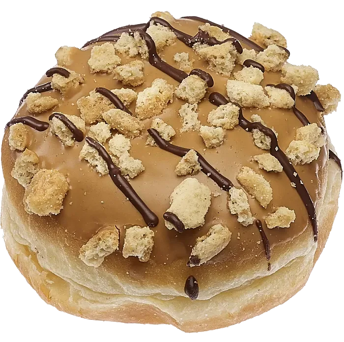 Närbild på en brunfärgad munk. Man ser chokladsås ovanpå.
