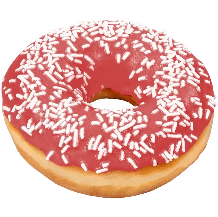 Närbild på donut. Täckt av glasyr i rött. Även vit strössel på toppen.
