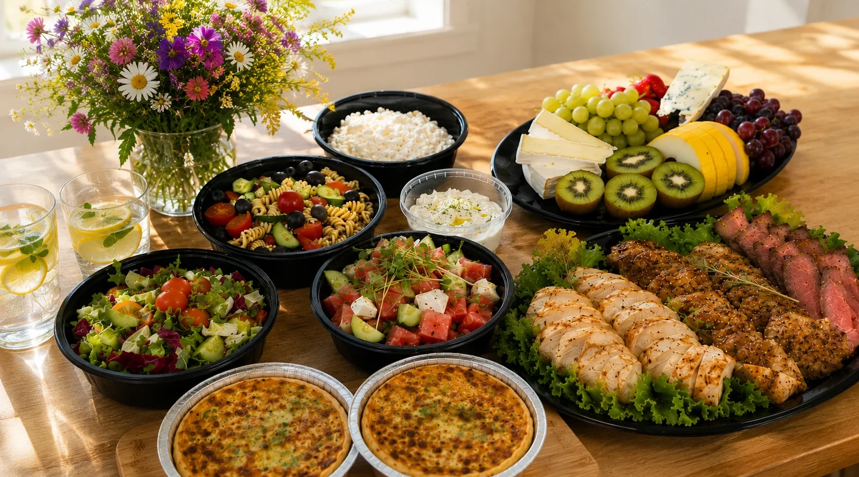 en bild med middagsbuffe, fläskfile, skivad kyckling, rostbiff, fruktfat med brieost och cambozola, ost och skinkpaj, melonsallad, pastasallad med oliver, grönsallad. fetaostkrm och potatissallad
