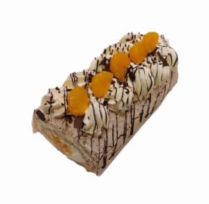 Hasselnötsmarängstubbe med inlagda mandariner.