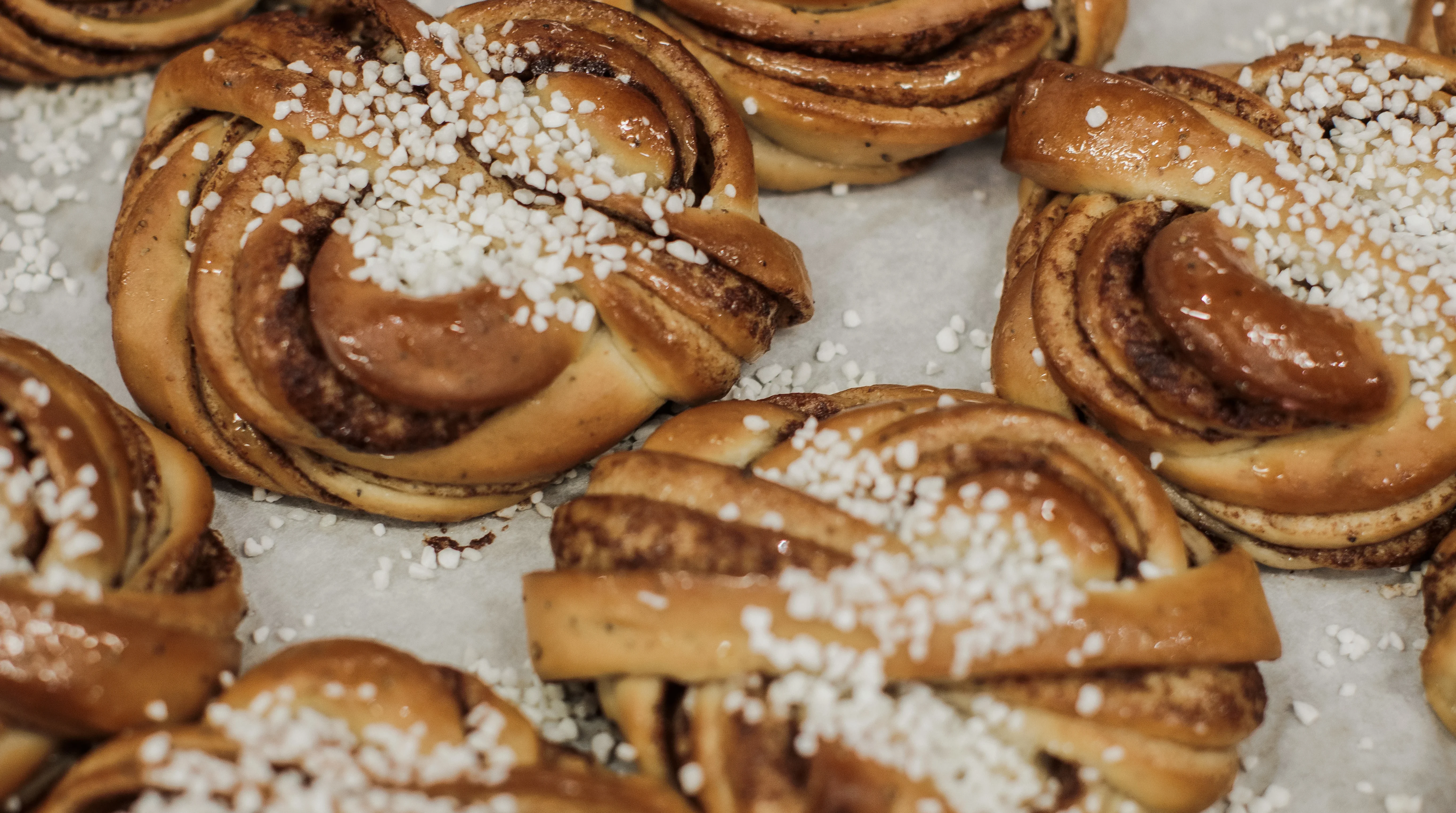 Flera kanelbullar med pärlsocker på en plåt