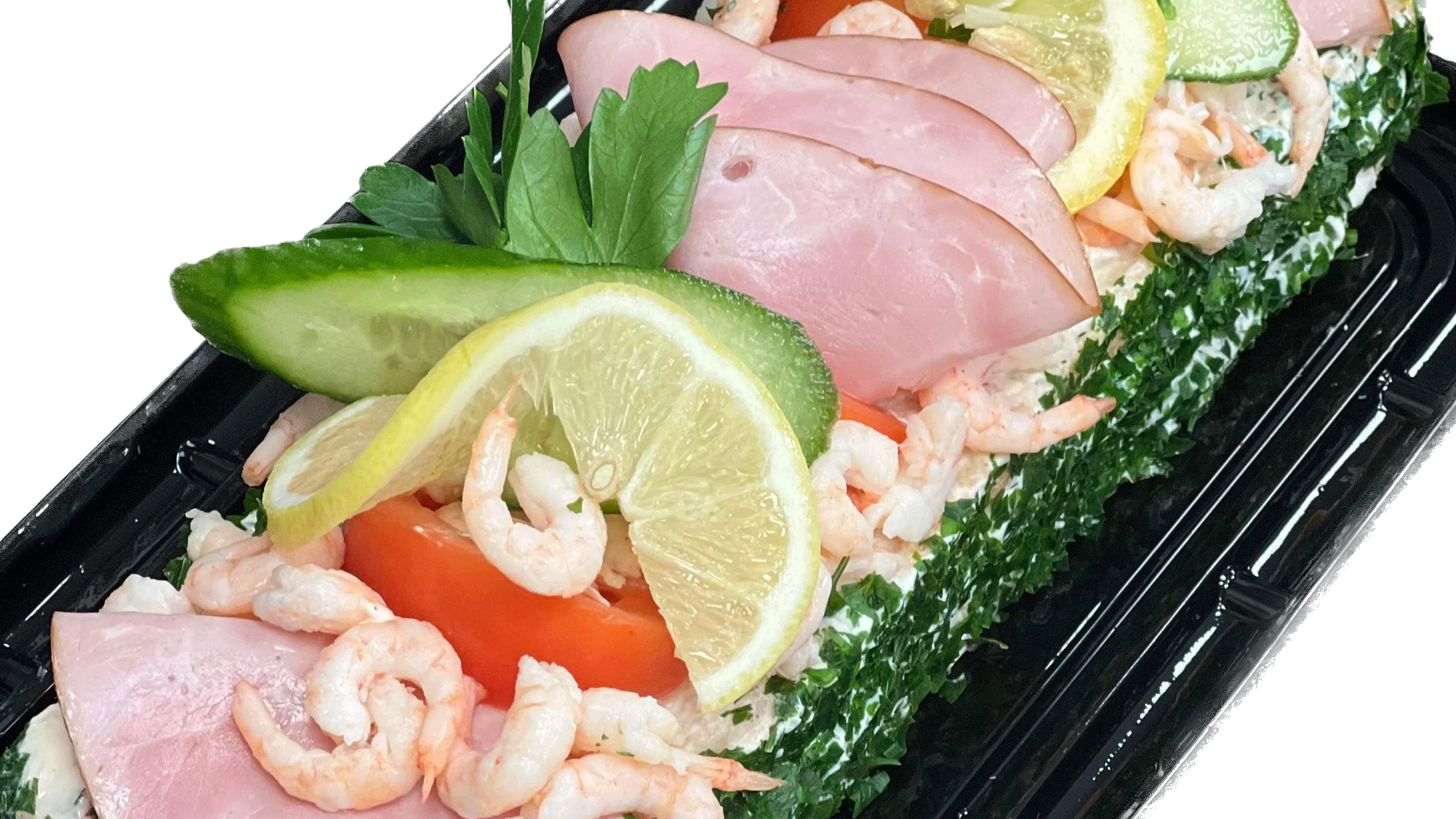 smörgåstårta med crabbfishröra, ishavsröra, skinka, handskalade räkor, tomat, gurka och persilja
