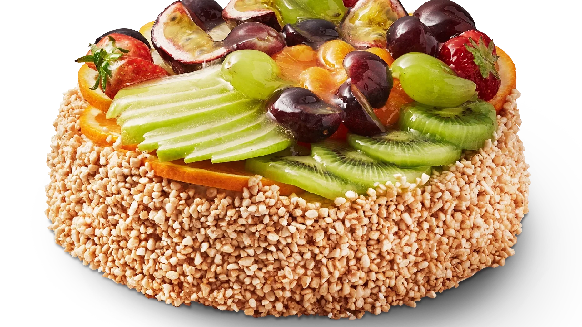 Frisk och fruktig tårta på sockerkaksbotten, varvad med vaniljkräm. Dekorerad med frukt och kanter täckta med krispiga kanderade rispuffar.