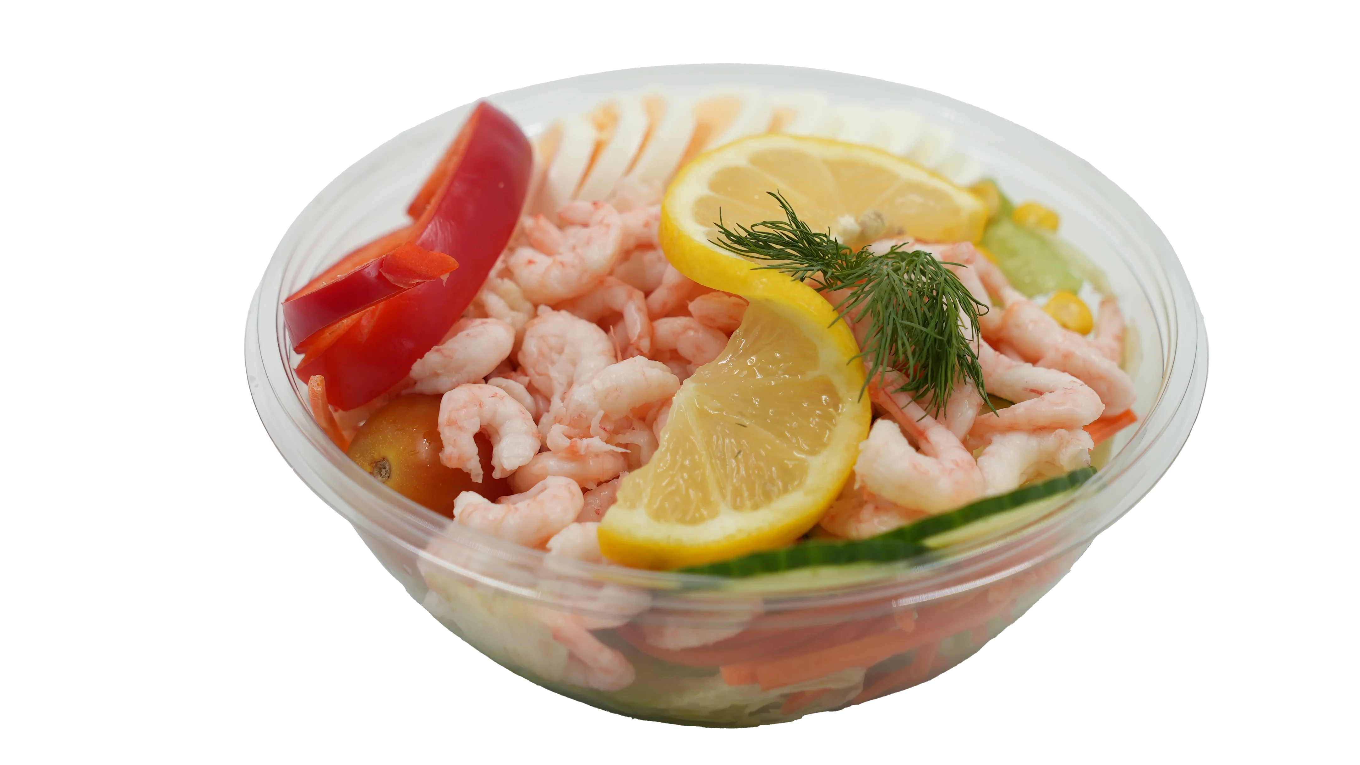 Räkor, isbergssallad, morötter, spenat, majs, ägg, tomater, paprika, citron, dill.