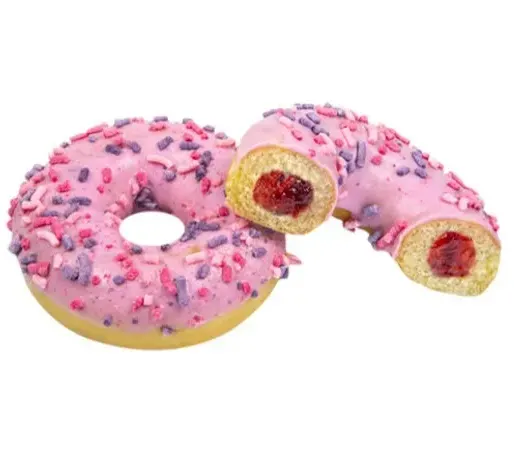 Donut med fyllning med smak av hallon, tranbär och blåbär. Dekorerad med rosa glasyr och strössel.
