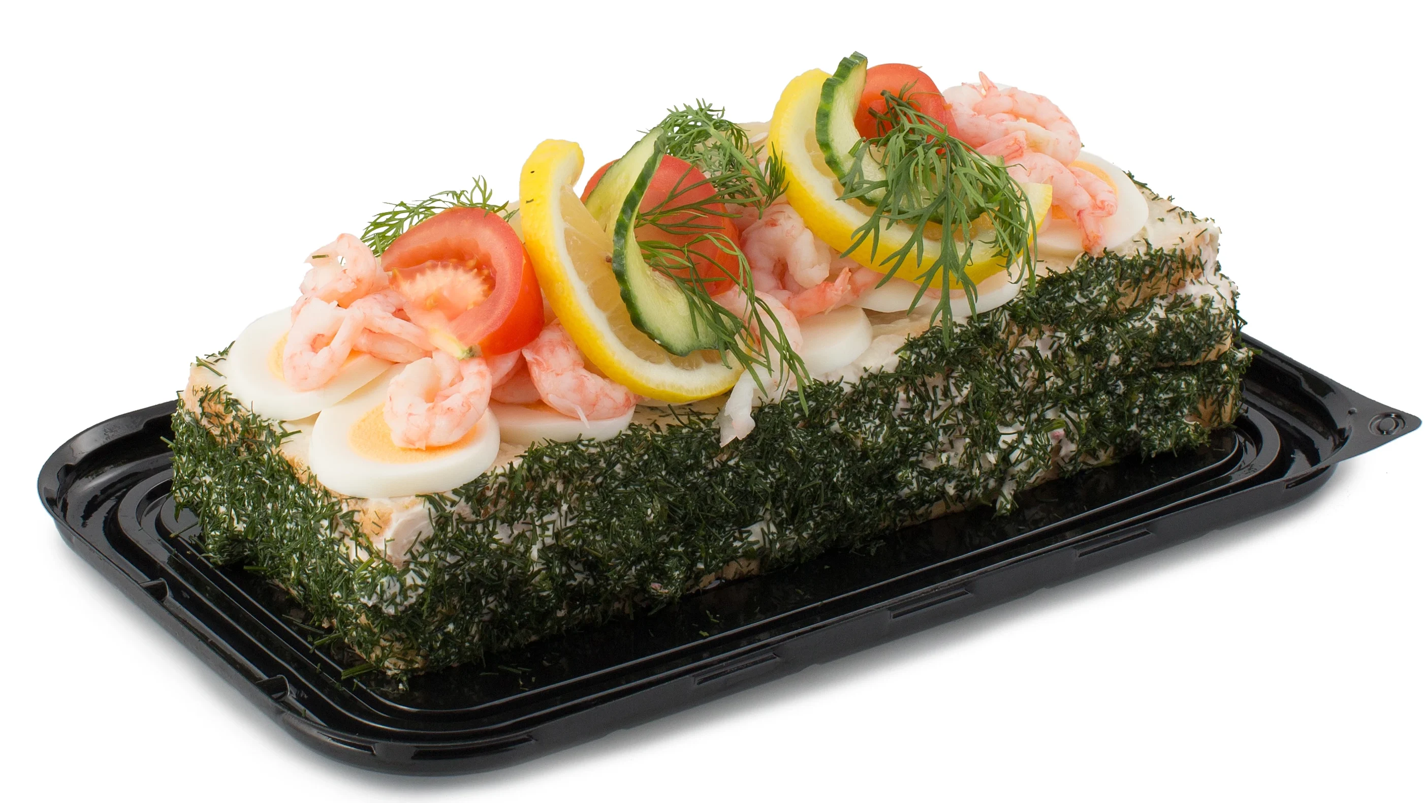 Smörgåstårtsstubbe med räksallad, ishavsröra, majonnäs, ägg, dill, tomat, gurka, citron och handskalade räkor.