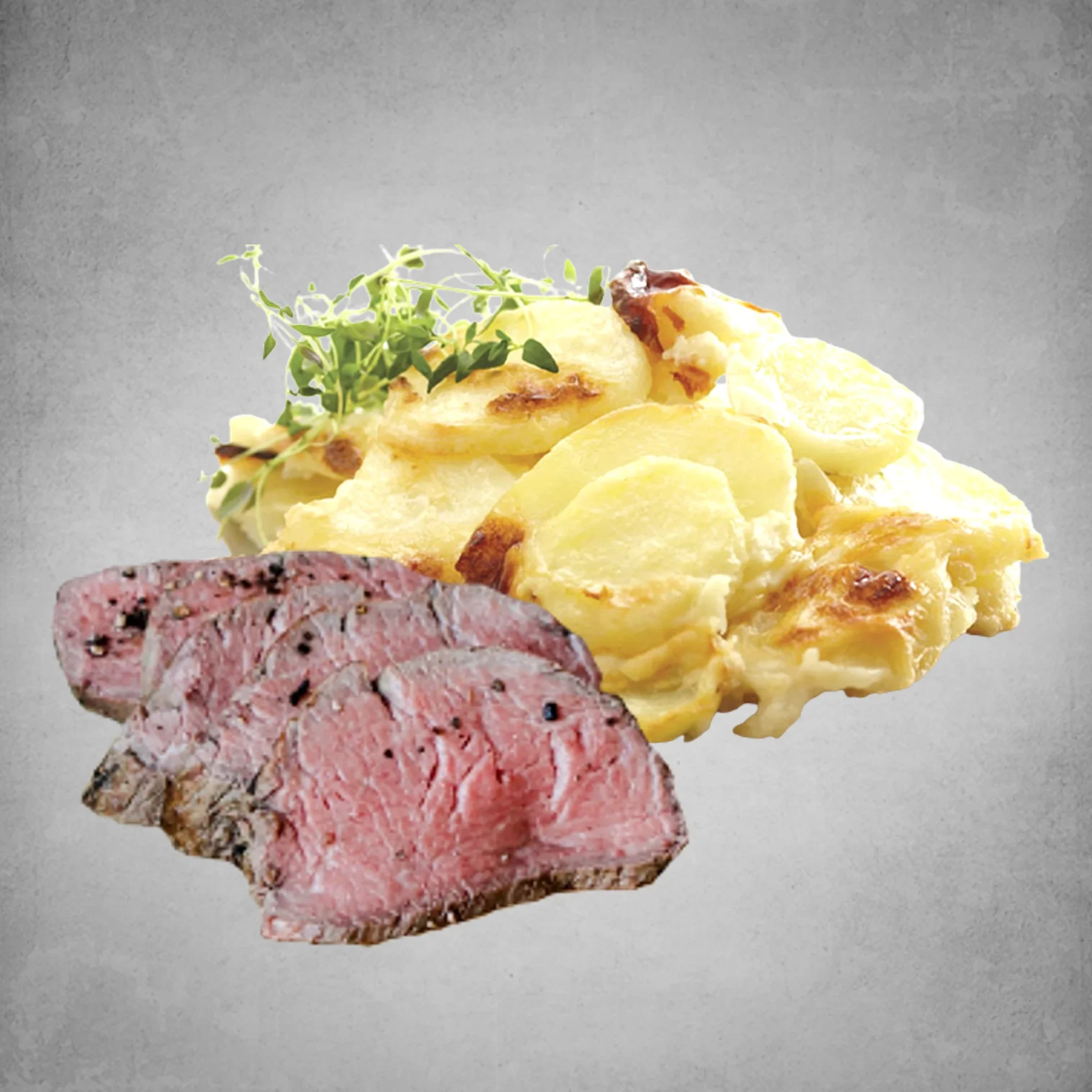 Oxfilé med potatisgratäng och rödvinssås