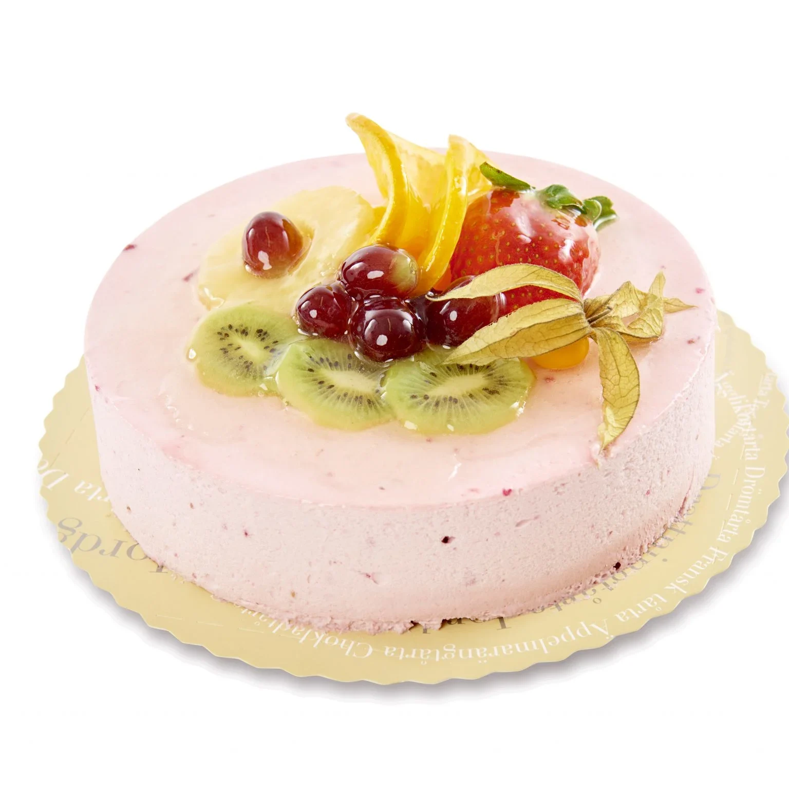 Sockerkaksbotten, härlig hallonmousse. Dekoreras med vitchoklad och färska frukter