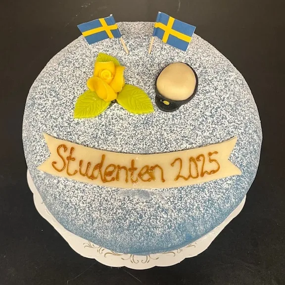 Blå prinsesstårta med studentdekorationer