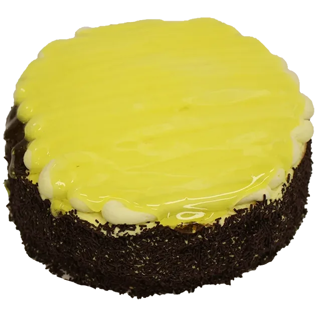 Citrontårta från vårt bageri som är gul med chokladströssel.
