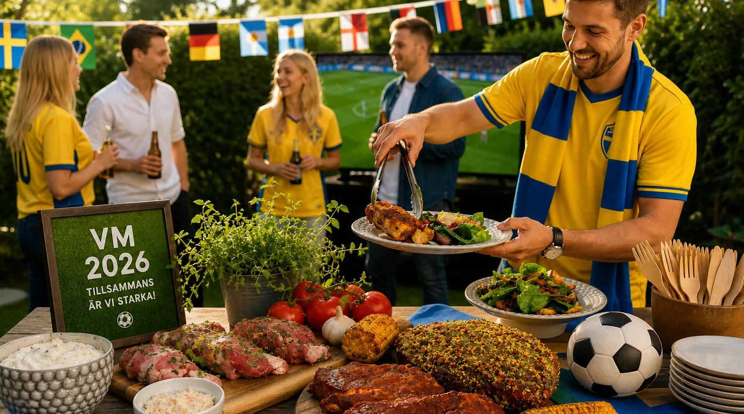Festlig buffé med smörgåstårta och fat.