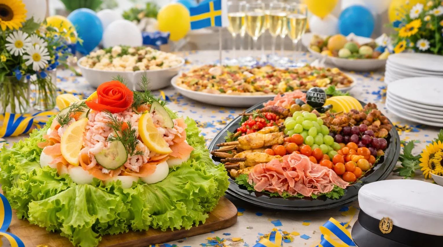 Festlig buffé med smörgåstårta och fat.