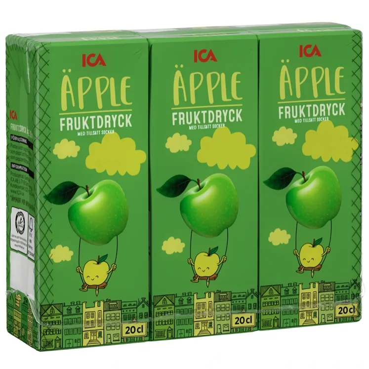 Bild på 3st förpackningar. Gröna. Text Äppel fruktdryck ICA. bild på äpple på förpackningen.