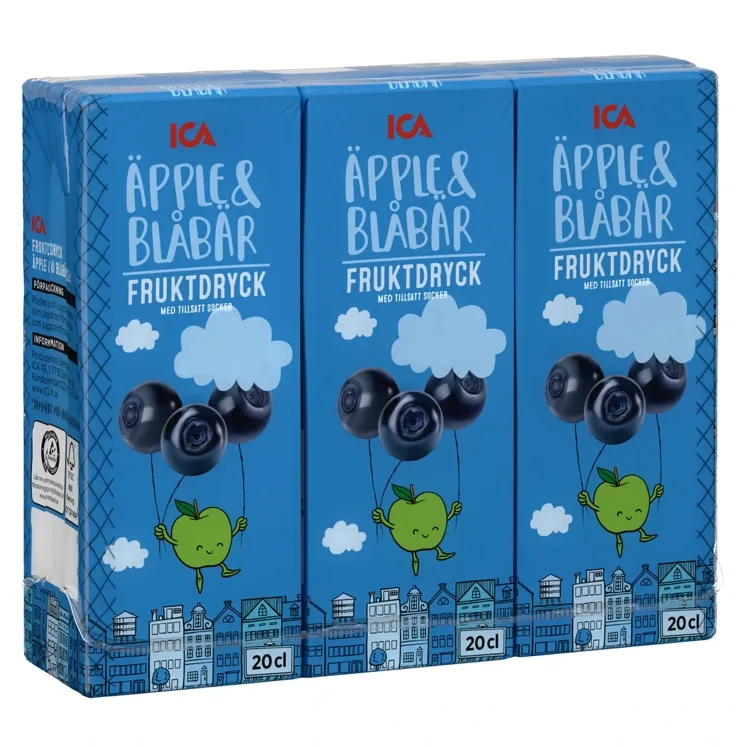 Åpple & Blåbärsdryck. 3 pack. Blå förpackning med blåbär på.