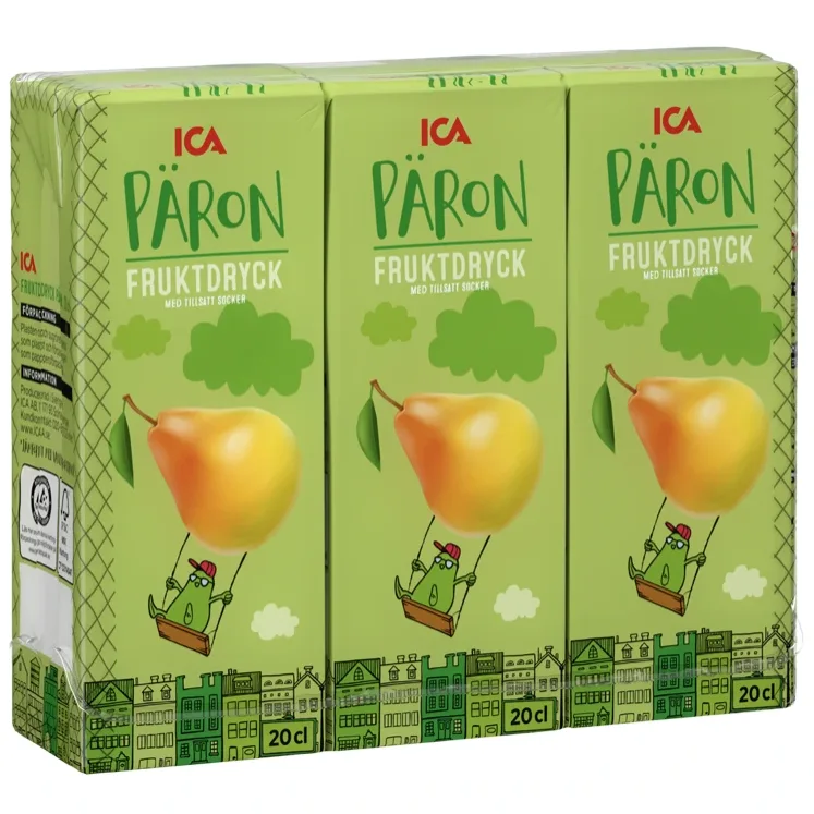 Pärondryck. 3st gröna förpackningar. Bild på ett päron på förpackningen.