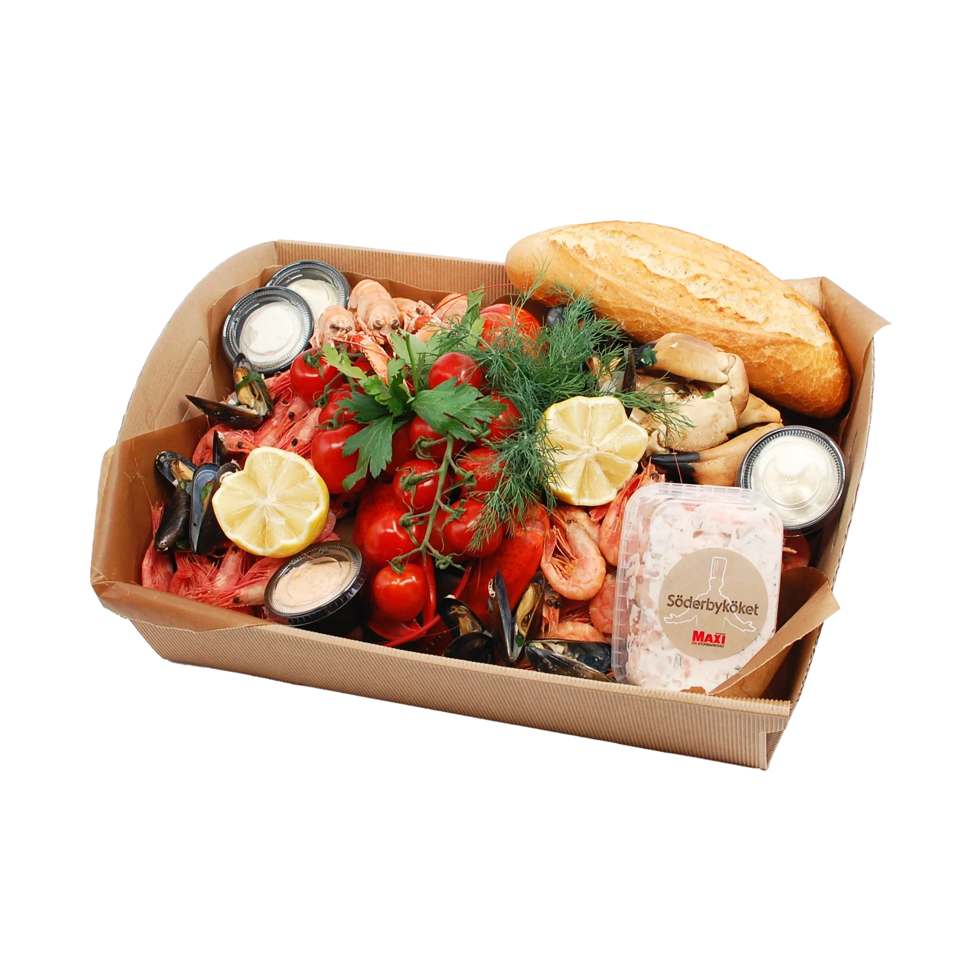 En låda fylld med räkor, krabbklor, hummer, blåmusslor, baguette och småburkar med aioli samt en burk skagenröra. Dekorerad med dill, persilja, citron och körsbärstomater