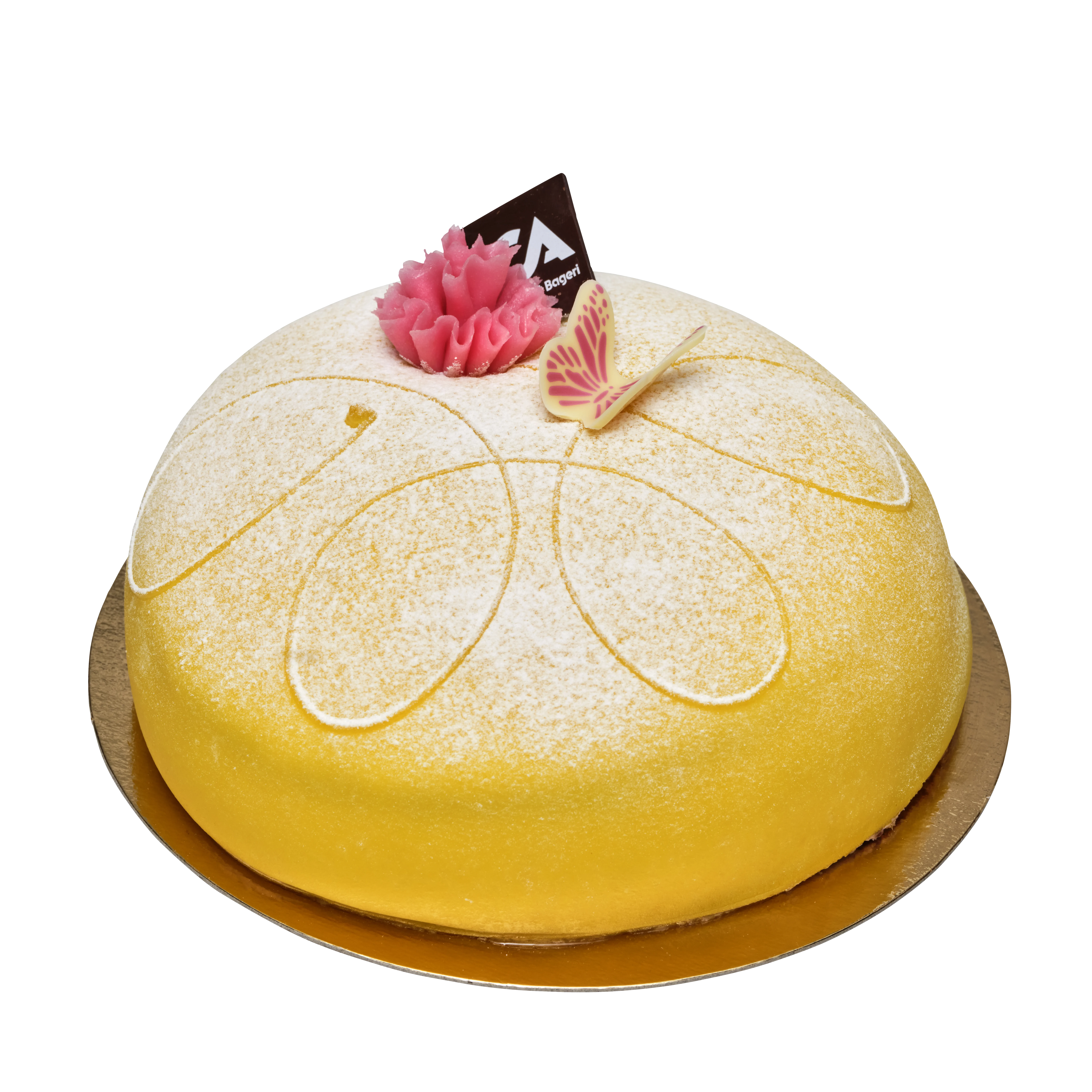 En tårta som vi har döpt till summertwist och den innehåller lemoncurd, vaniljkräm och hallongrädde och är täckt med gul marsipan.