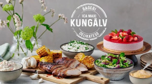 cateringsida med smörgåstårta, pastasallad, potatissallad samt tomat och mozzarella,tårtor