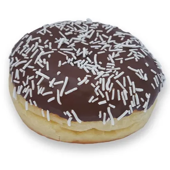 Munk med chokladglasyr och strössel.