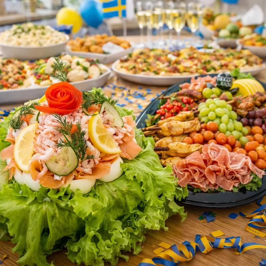 Festlig buffé med smörgåstårta och fat.