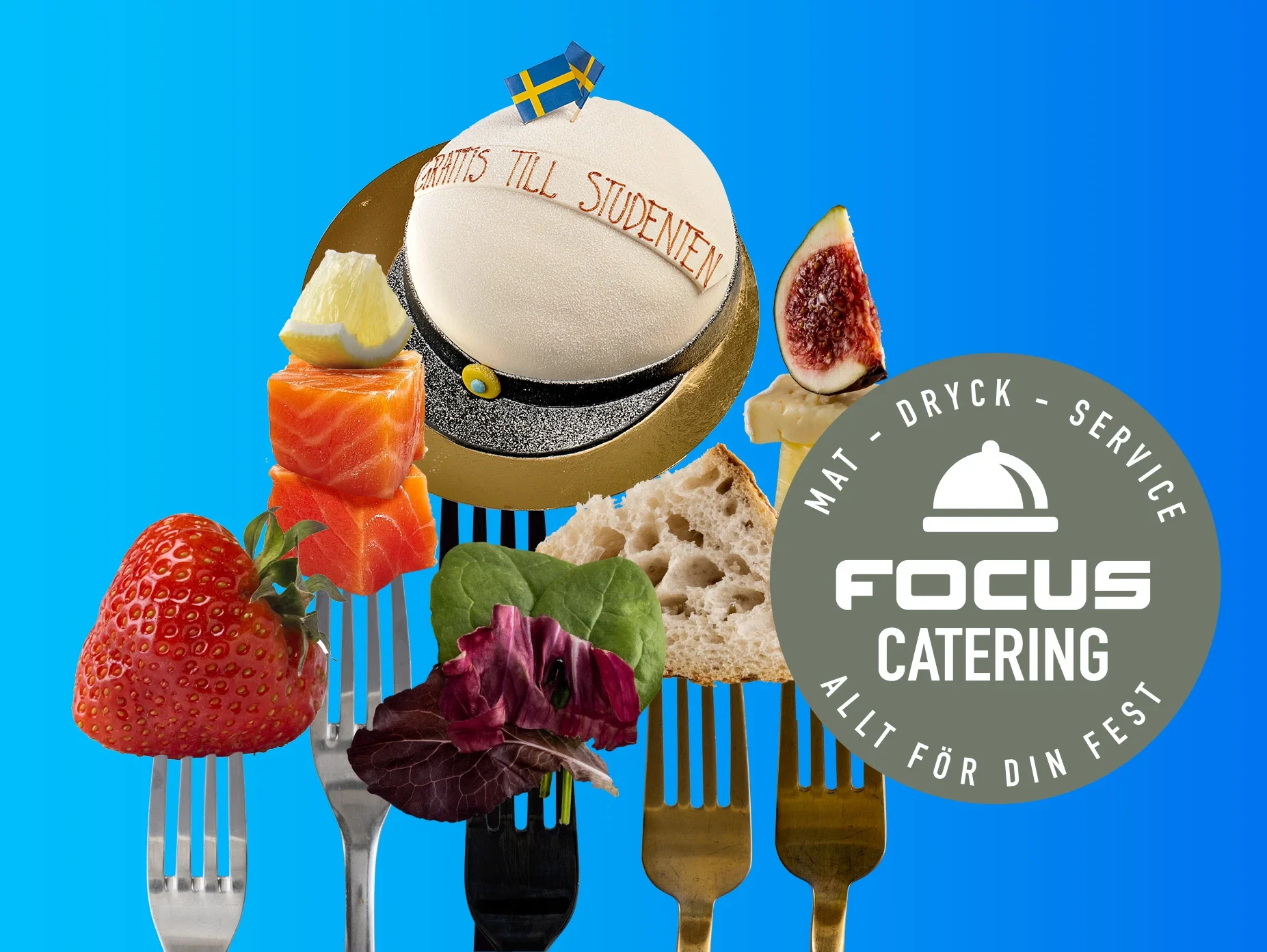 Gafflar som håller upp midsommarmat och tårta