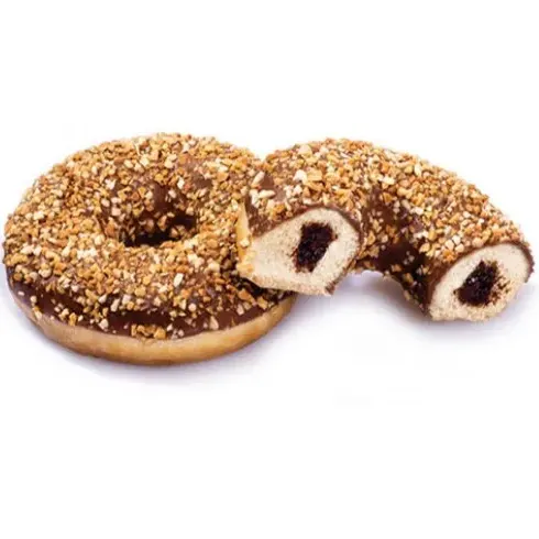 Donut med nötfyllning, chokladglasyr och hackade nötter.