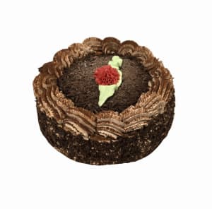 Sockerkaksbotten, vaniljkräm, blåbärssylt, chokladgrädde, blåbär, mörk chokladkross.