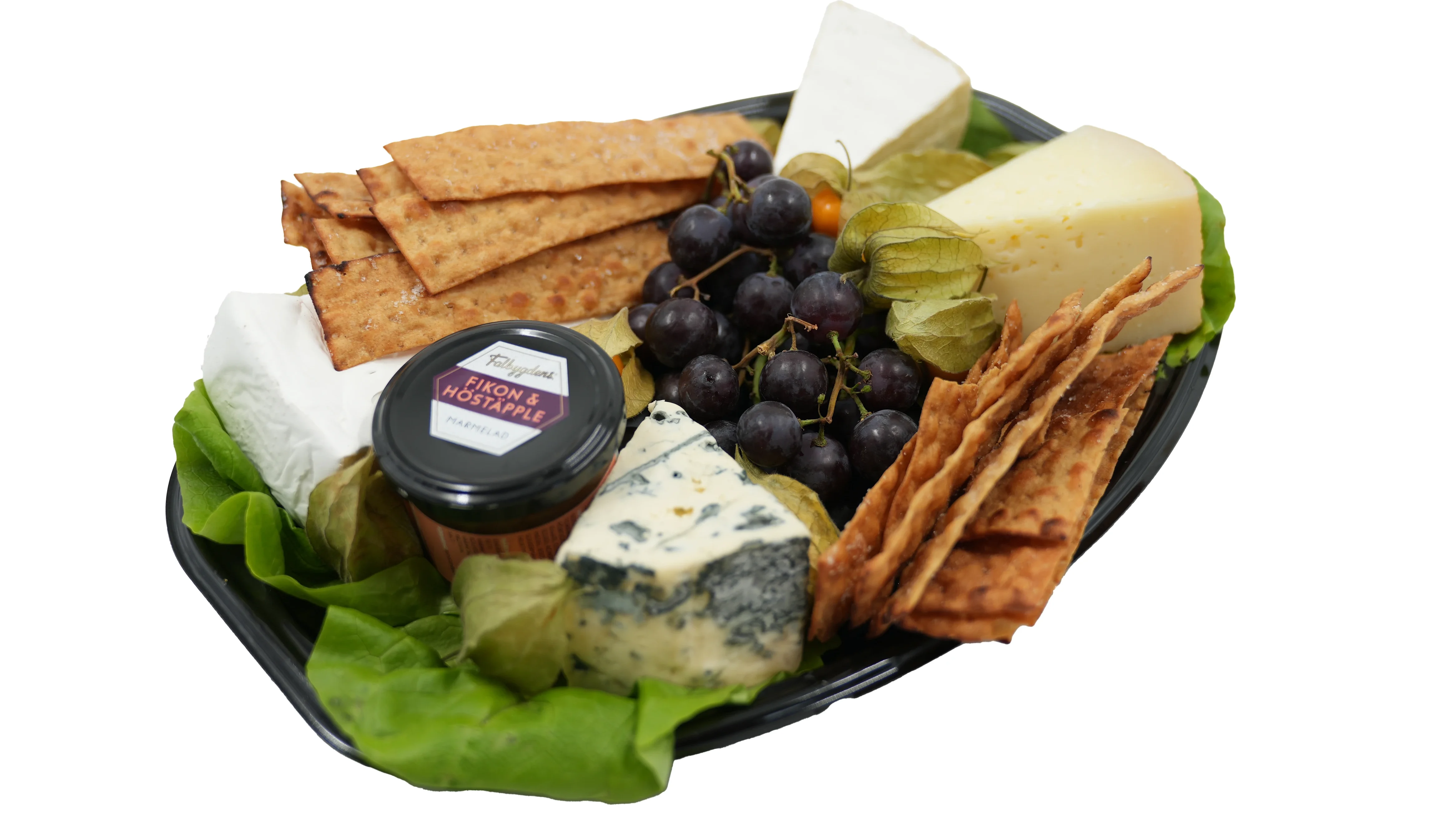 Ostfat: Brie couer de lion, st.agur, cambozola, manchego, röda, druvor, physalis, marmelad, kex, sallad