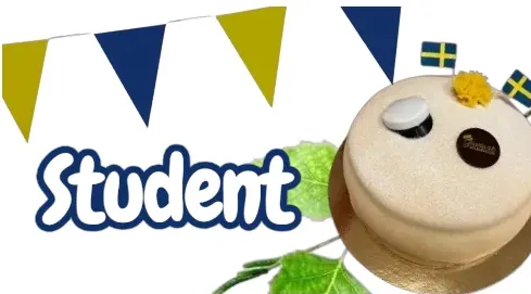 bild på en studenttårta och text om att beställa