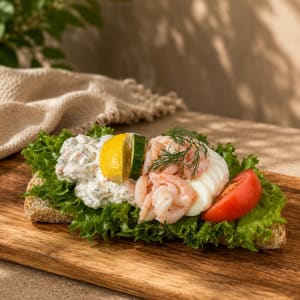 Rågkaka, skagen, räkor, mat, dill, citron
