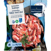 Räkor med skal 90/120 st/kg Fryst 500g Royal Greenland.