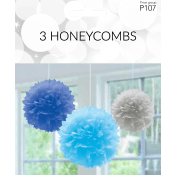 Pompom blå/silver 3p dek Happy Party.