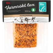 Lax i bit varmrökt svartpeppar 300g Miljömärkt ICA.