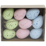 Ägg med hänge i fina pastellfärger rosa, gröt och blått. Storlek: 9-pack, 4 cm..