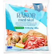 Räkor med skal 70/90 Fryst 500g ICA.