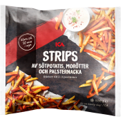 Strips Sötpotatis Morötter och Palsternacka 500g ICA.
