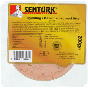 Kyckling Kalkonkorv med örter skivad 200g Sentürk.