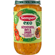Barnmat Sötpotatis, biff & linser Eko 1år 235g Semper.