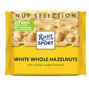 Chokladkaka Vit med hasselnötter 100g Ritter Sport.