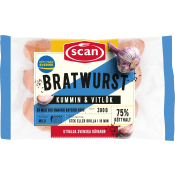 Bratwurst Kummin Vitlök 75% Kötthalt 300g Scan.