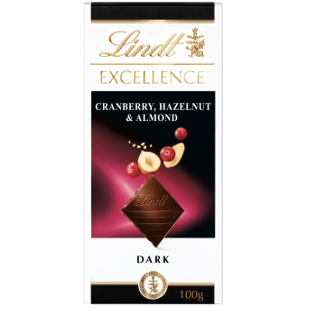 Chokladkaka EXCELLENCE Tranbär Hasselnöt Mörk 100g Lindt.