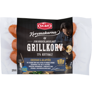 Grillkorv Cheddar Jalapeno 77% Kötthalt 270g Scan.